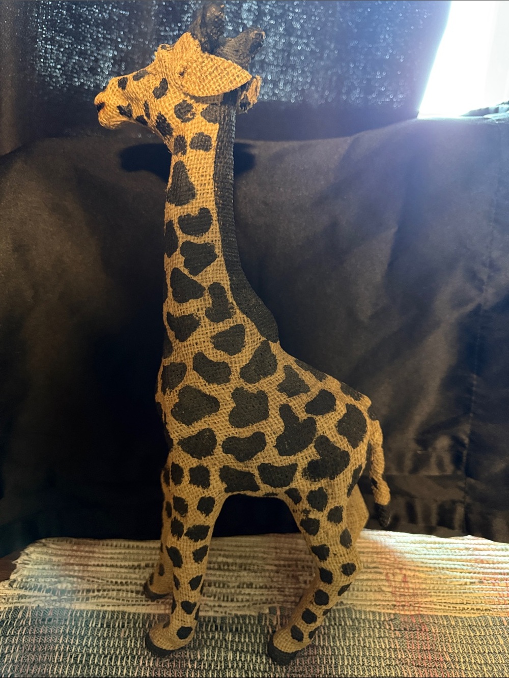 Handcrafted Giraffe Figurine in Tan and Black burlap material 16 inches tall
